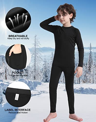 Roadbox Boys Thermal Underwear Set - Kids Fleece Lined Tops & Bottom Compression Soft Long Johns Base Layer for Skiing Black — view 4