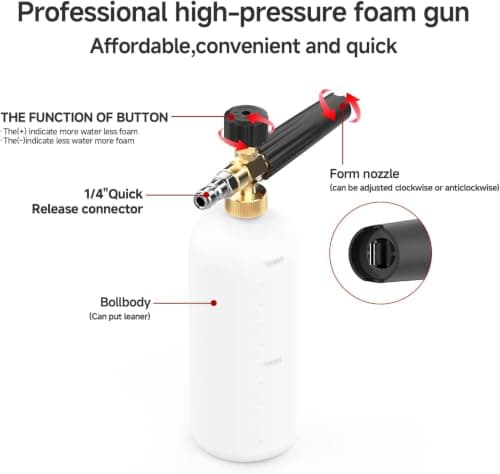 Snow Foam Lance 1/4" Quick Release Car Wash Foam Cannon Pot with Adjustable Nozzle, High Pressure Washer Soap Dispenser Bottle (1L) — view 3