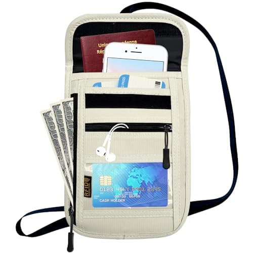 RFID Blocking Travel Neck Wallet Pouch and Passport Holder，Travel Neck Pouch Passport Holder for Women & Men, beige, 8 inches x 6 inches x 0.3 inches, Minimalist — view 2