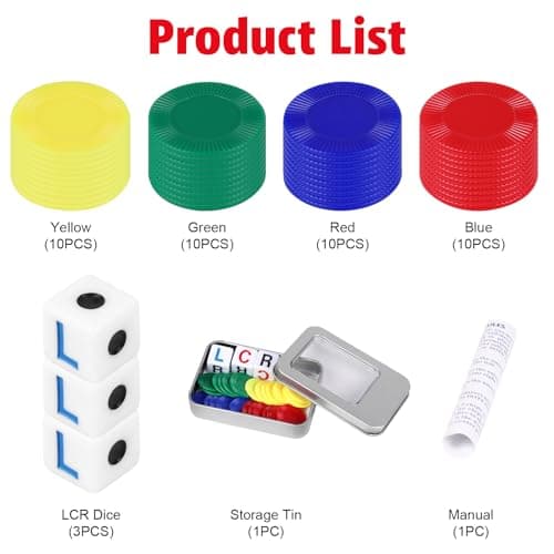 FINGOOO Left Right Centre Dice Game, 40 Chips in 4 Colours and 3 Cubes, Classic Rolling Games Kit Family Camping Party Game Night — view 3