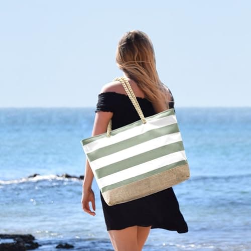 oscaurt Large Beach Bag for Women Waterproof Beach Tote Bag with Zip Holiday Essentials for Women Travel Canvas Shoulder Summer Essentials Pool Shopping — view 2
