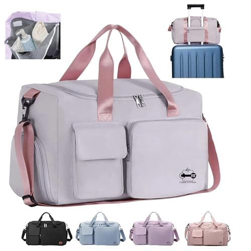 CarryFitness® Sports Gym Bag Duffle Bag with Shoes Compartment, Waterproof Weekend Bags for Women and Men, Hand Luggage Bag, Lightweight Holdall Hospital Overnight Bag - Gray Pink 37L