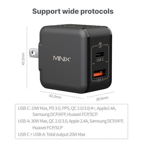 MINIX NEO P1 Mini 33W PPS 2-Port GaN Charger - 1 USB-C, 1 USB-A Port Fast Charger. Compatible with iPhone 8-15 Series, Galaxy S10-S21, Pad and More. — view 2