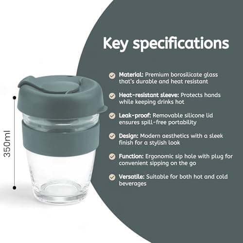 Reusable Glass Coffee Cup/Travel Mug with Lid - Heat Resistant Sleeve Surround Eco Friendly with Plugged Removable Lid (Grey) — view 4