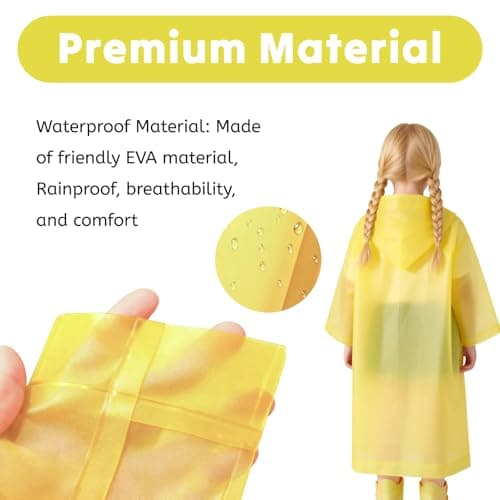 AropaeenGlowry 2pcs Kids Waterproof Rain Poncho with Hood & Sleeves - Reusable EVA Raincoat for Boys Girls, Camping & Travel, Yellow — view 3