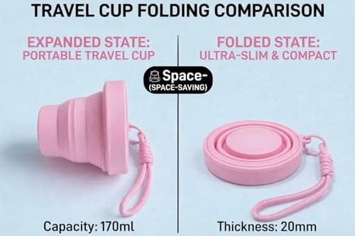 PRK 14 Silicone Foldable Travel Mug | 170ml Reusable Collapsible Coffee Cup | BPA Free & Leakproof | Portable Pocket-Sized Cup for Travel, Camping, and Commuting with Strap (Baby Pink) — view 2