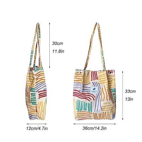 KEYRI Corduroy Totes Bag Women's Shoulder Handbags Cord Bag Large Reusable Carry Bag Pocket Big Capacity Shopping Bag Colourful Stripes Shoulder Bag for School College Travel Work Casual (Colourful) — view 4