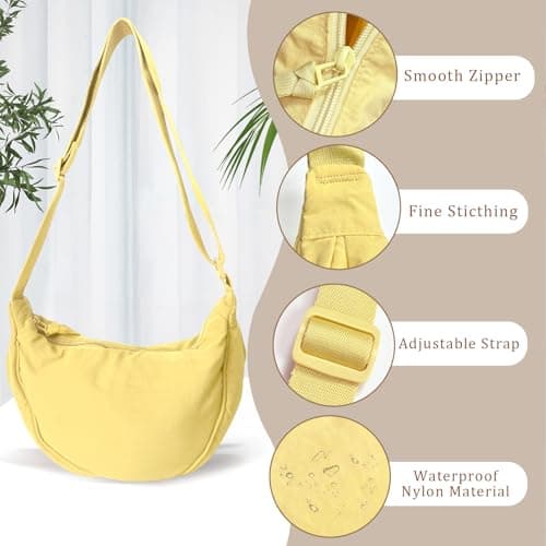 GoPaw Crescent Bag for Women, Nylon Half Moon Bag Women Crossbody Bag with Adjustable Strap, Solid Color Dumpling Bag Portable Crescent Purse for Daily Use(Yellow) — view 4