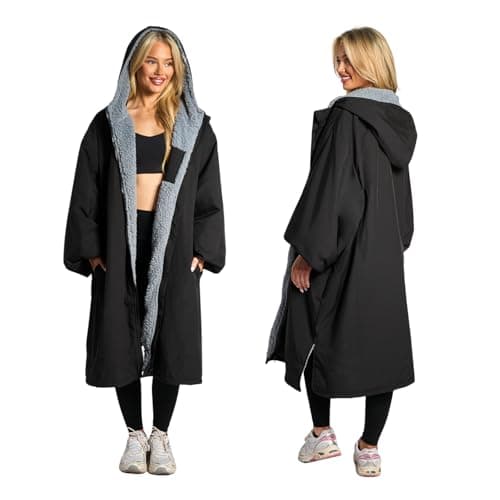 OHS Changing Rain Coat for Adults, Lightweight Breathable Waterproof Jacket for Swimming Surfing Packable Windbreaker Drying Robe with Pockets Active Outdoor Travel Jacket - Black