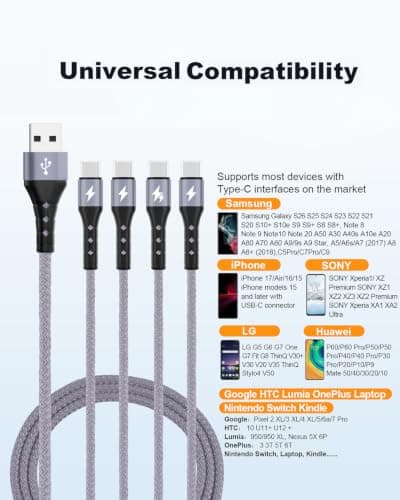 SIQIWO 4 in 1 USB C Charger Cable, 3A Fast Charging Type C Cord 1.2M Grey — view 4