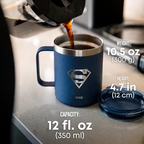 Smartshake Bohtal Insulated Coffee Mug 12 oz, Double Wall Vacuum Insulated Mug with Lid, Leakproof BPA-Free Stainless Steel Coffee Cup, Travel Mug for Hot & Cold Beverages -Superman Logo — view 3