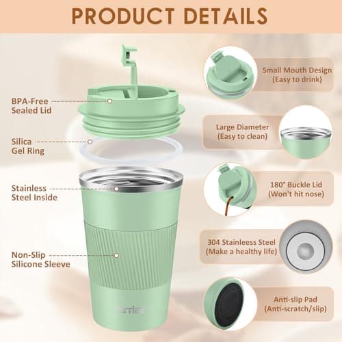 KETIEE Travel Mug Insulated With Leakproof Lid, Reusable Double Walled Coffee Cup, Stainless Steel for Hot Cold Drinks, 380ml Ice Green — view 2