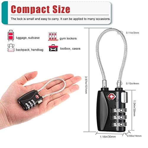 ZHEGE Suitcase Locks TSA Approved, Cable Travel Lock (Black, 4P) — view 5