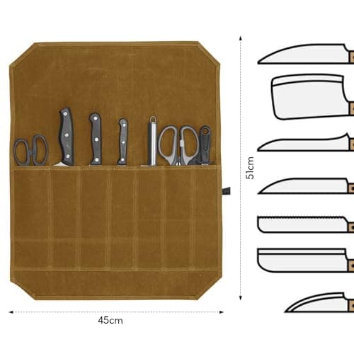 Megcdtr Knife Roll Bag, Knife Roll for Chefs, 7 Slots Waxed Canvas Knife Bags, Portable Tool Storage Bag with Drawstring, Suitable for Home Kitchens Camping Hiking and As a Gift for Chefs (Khaki) — view 2
