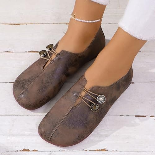 Sport Shoes Women Soft Leather Flats for Women Summer Lightweight Round Toe Orthopedic Walking Shoes Fashion Retro Dressy Ballet Loafers with Button Comfortable Suede Slip on Footwear Brown — view 3