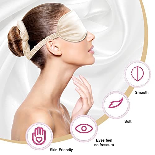 Sleep Masks Silk Sleep Eye Mask Travel Set Soft Sleeping Eye Mask with Hair Scrunchie Head Band and Travel Pouch for Girls Ladies 4 Pcs Apricot — view 4