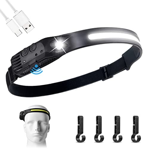 flintronic Led Headlamp USB Rechargeable,5 Modes 600 Lumens COB Headlight, IPX4 230°Wide-Angle Waterproof Lightweight Head Torch with Motion Sensor for Running, Hiking, Fishing Emergency 6 Hours