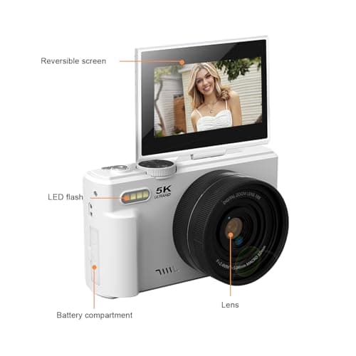 POENVFPO 5K Digital Camera, 75MP & 18x Optical Zoom with WiFi 3in Flip Screen Vlogging Camera with Flash for Travel (White) — view 4