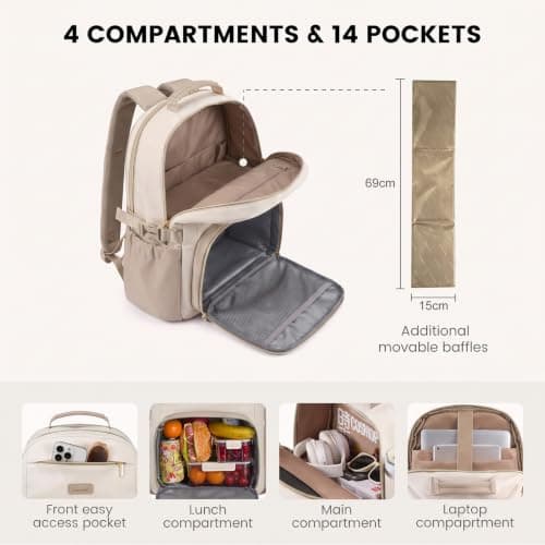 LOVEVOOK Laptop Backpack for Women with Lunch Compartment and Pouch Pocket for Large Capacity Cup,15.6 Inch Insulated Cooler Laptop Rucksack Work Travel College Teacher Business Picnic Lunch Bag Box — view 4