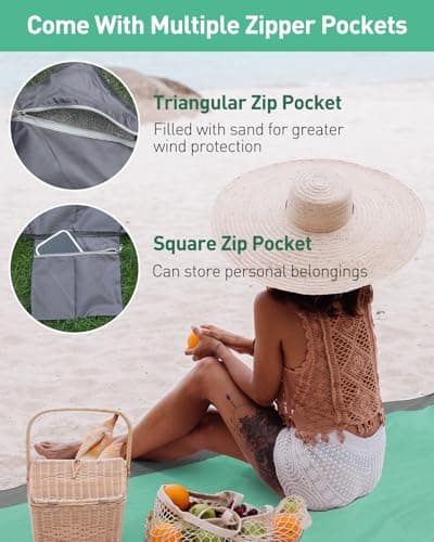 COVACURE Beach Blanket Mat, Sand Proof with 3 Zipper Pockets, 210 x 200cm — view 5