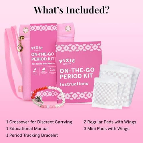 Pixie First Period Kit for Girls 9-12 - Best Organic Cotton Teen Pads with Wings - Period Tracking Bracelet & Discreet Crossbody Bag - On-the-Go Tween Starter Kit & Feminine Care Hygiene Essentials — view 2