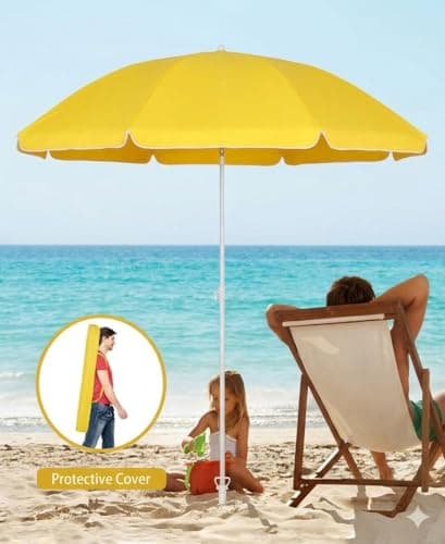 Sekey 1.6m Beach Parasol with Carry Bag, UPF 50+ Portable Garden Umbrella, Height Adjustable & Tilt Function for Balcony, Patio, Yellow — view 2