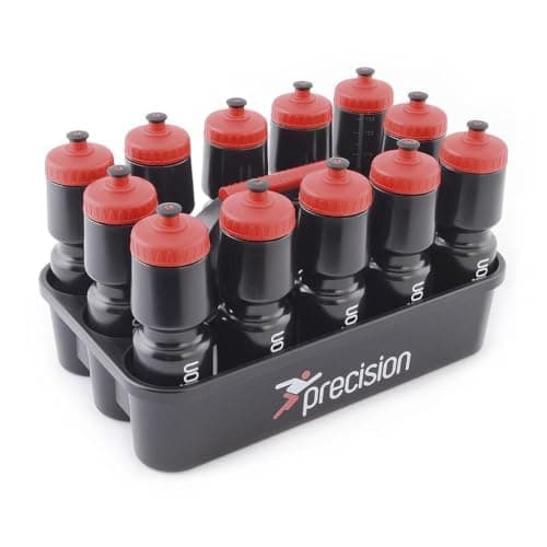 Precision 12 Water Bottles & Carrier Set, 750ml BPA Free Sports Bottles with Easy Pull Lids, Durable Plastic Holder for Football Rugby Team Training, Black