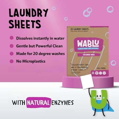 WABLU Coloured Wash Laundry Sheets | Lightly scented VERY BERRY | Concentrated Bio (with enzymes) | Sustainable alternative to liquids, capsules and powder | Travel Wash | 24 Washes — view 2