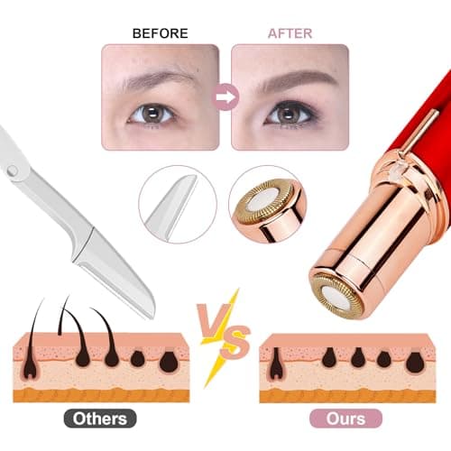 URAQT Facial Hair Remover for Women, Painless Face Hair Trimmer, Rechargeable Mini Epilator Lady Shaver Portable Electric Razor for Lips Face Body Peach Fuzz, Bright Red — view 4