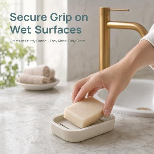 FeiatPogra 2 Pcs Soap Dish Set, 10.5x7.5cm Draining Soap Holder with Non-Slip Base, Plastic Soap Dish，Fast-Dry Portable Soap Box for Bathroom, Shower, Kitchen (Beige & Blue Grey) — view 5