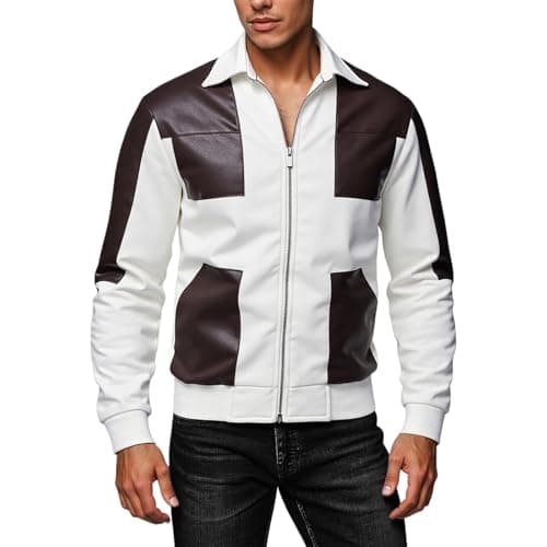 Men's PU Outdoor Casual Style Loose Jacket Coat Stand-Up Collar Leather Jacket Leather Sleeves Sewing Jacket Punk Bomber Jacket Vintage Black White Motorcycle Jackets Casual Autumn Winter Wind Jacket