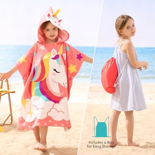 Joiedomi 24"x24" Kids Beach Towels with Hood for Girls Pink Unicorn Hooded Toddler Bath Towel Quick Dry Soft Microfiber — view 2