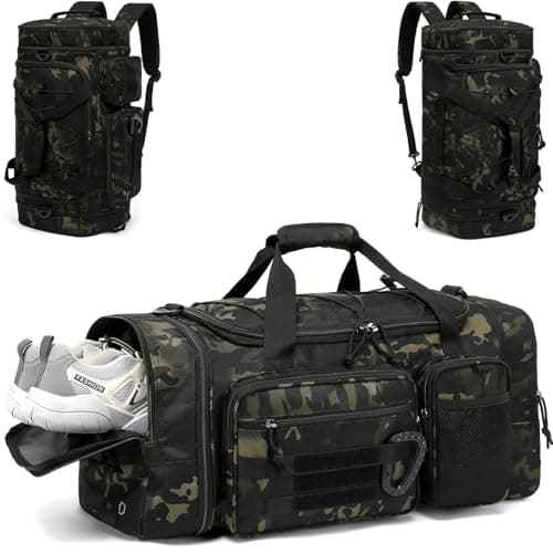 Tonruyn Tactical Duffle Bag Backpack for Men 40-45L Expandable Camo Travel Duffel & Sports Holdall Gym Bag with Shoe Compartment Wet Pocket Medium Weekender Overnight for Military Camping Luggage