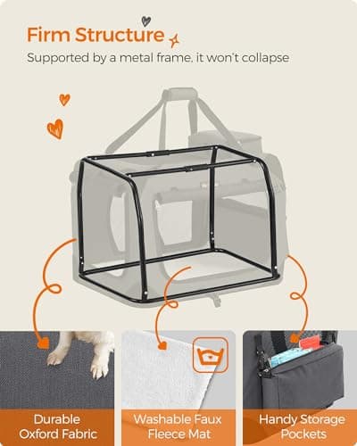 Feandrea Foldable Pet Carrier Bag, Portable Dog Travel Crate, Soft Sided Dog Cat Pet Travel Carrier Large Dog Crate for Car with Breathable Mesh and Storage Pockets, 60 x 42 x 42 cm, Grey PDC60GY — view 6