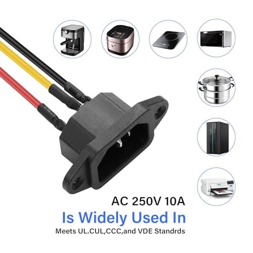 PNGKNYOCN IEC C14 Panel Mount Plug Adapter,10A 250V 3 Pin IEC Power Socket Inlet Module Connector with 3 Wires for Household Appliances or DIY Device（2-Pack） — view 5