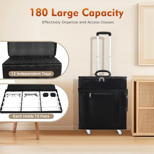 180 Pairs Eyeses Display Case Portable Sunses Trolley with Retractable Pull Rod & 4 360° Wheels Travel Sto Box for Optical es Black Suitcase — view 3
