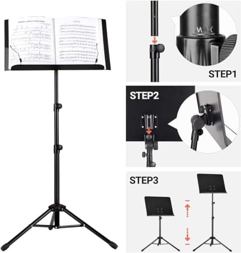 Walgreen Xample Black Sheet Music Stand Foldable Travel Metal Stand Adjustable DMS-1 with Carrying Bag, Sheet Music Folder, Clip Holder and Rotating Lights, Portable Projector Stand, Laptop Stand — view 6