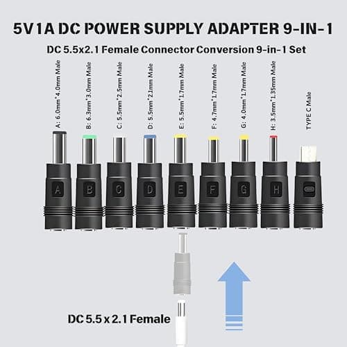 5V1A DC Power Supply Adapter 9-in-1 Compatible with Babysense HDS2, HelloBaby HB66 HB50, Vtech Baby Monitor VM5463 VM5463-2, Sky Puck Stream Hub Universal Replacement AC Power Supply Charging Cord — view 4