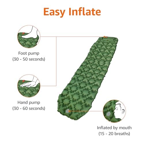 Amazon Basics Waterproof Camping Sleeping Pad,Camping Mat,Compact,Folding,Inflatable,Lightweight,Built-in foot pump, 190.5 x 57 x 5.6 cm, Olive Green — view 2
