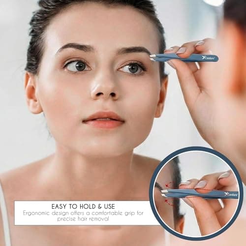 Candure Professional Slanted Tweezers for Men and Women – Precision Stainless Steel Tweezer for Brow, Chin, Facial Hair, Ingrown Hair & Plucking with Leather Pouch (Blue) — view 5