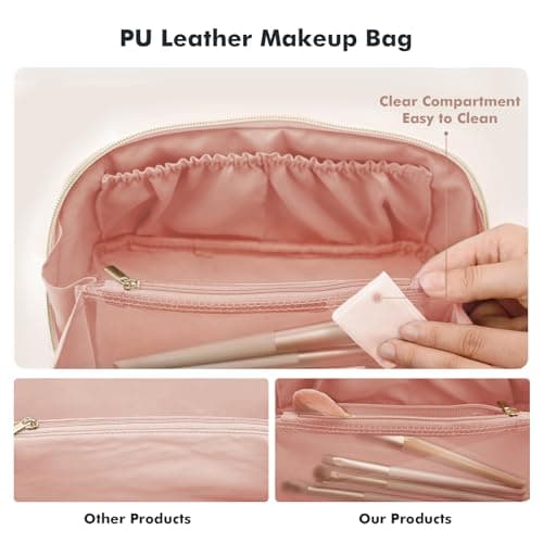 Prite Travel Makeup Bag Flat Lay Cosmetic Case with Brush Pocket, Pink, L — view 6