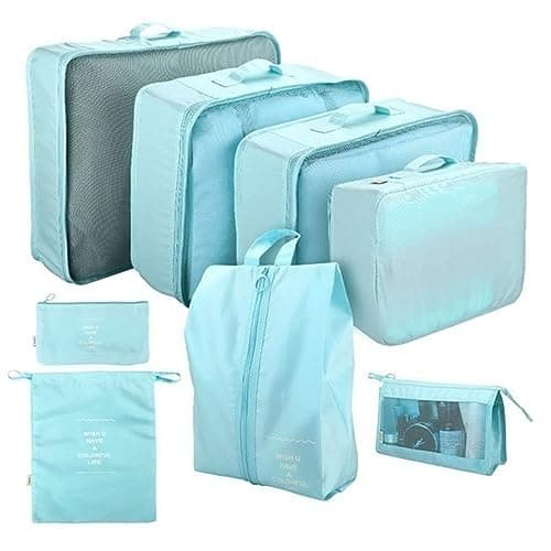 Packing Cubes for Suitcase 8 Pcs Waterproof Travel Cubes Foldable Luggage Storage Bag Lightweight Luggage Packing Organizers Travel Essentials (Sky Blue)