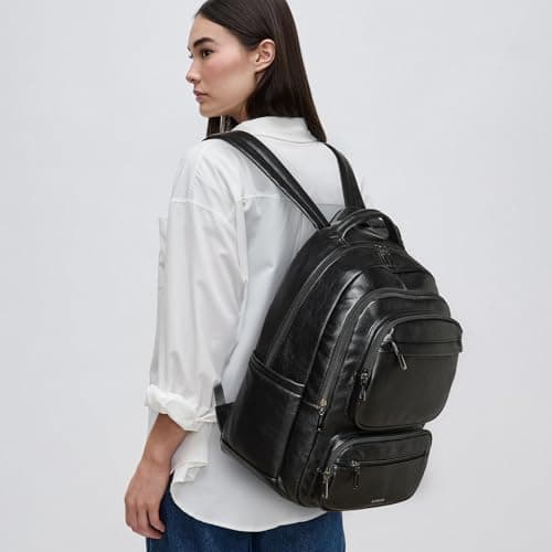 LATMAP 43L Rucksack Bag for Women 13.5" x 10" x 19",Vegan Leather Backpack Ladies Travel Carry-on Bag College Bookbag Work fits 17" Laptop,Black — view 2