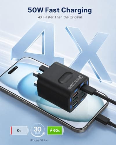 Tupneuf USB C Plug UK 50W, 6 Port USB Charger with 30W PD/PPS & 20W QC, Multiport Fast Charger Phone Charger for iPhone 17 16 15 Pro Max, iPad Pro Air, Samsung Galaxy S25 S24 S23, Android, Black — view 3