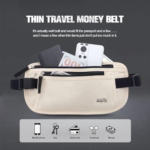 paissit Unisex Money Belt for Men and Women, Slim Passport Holder RFID Blocking Travel Pouch with Adjustable Strap Small Waist Pouch for Workout Running Travelling Hiking, Cream White, M — view 3