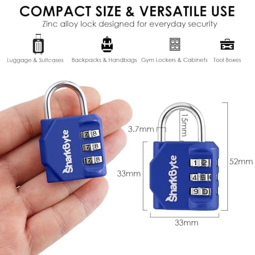 SharkByte Small Luggage Locks 3 Pack - 3 Digit Combination Padlocks, Weatherproof Outdoor Security Lock for Suitcases, Travel Bags, Gym Lockers, Bikes, & Storage Coded Lock — view 6