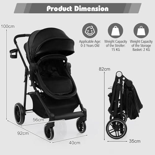 COSTWAY 2 in 1 Baby Pushchair, Foldable Travel System Pram with Reversible Seat, Adjustable Canopy, Storage Basket, Cup Holder, Lightweight Infant Stroller for 0-36 Months (Black) — view 6