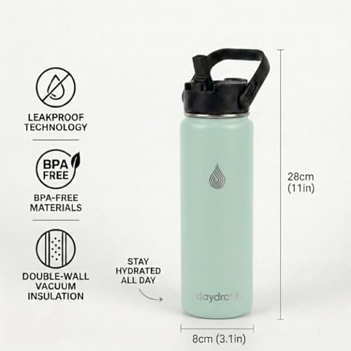 Insulated Metal Water Bottle with Straw 750ml- Stainless Steel Water Bottle, BPA Free, Dual Lid Straw & Spout, Leakproof, 24 Hours Cold & Hot, Work, Travel, Gym Bottle for Men & Women -Green- Daydrate — view 4