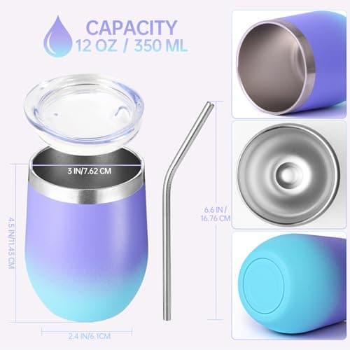 Volhoply 12oz Stainless Steel Wine Tumbler with Lid and Straw,350ml Double Wall Vacuum Insulated Stemless Wine Glasses,Travel Coffee Mug for Cold Drinks,Tumblers Gifts for Women（Purple Bule,1 Set） — view 2