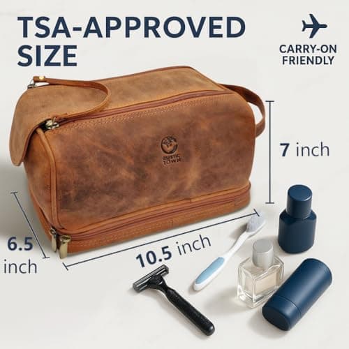 Mens Leather Toiletry Bag - Travel Wash Bag Large Bathroom Gym Toiletries Organizer Shower Makeup Bag by Rustic Town (Brown) — view 2